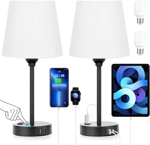 Vista 12 de Mini Lámparas de Mesita de Noche para Dormitorios Juego de 2 - Lámparas de Mesita de Noche para Dormitorio con Puerto USB C y Toma de Corriente AC