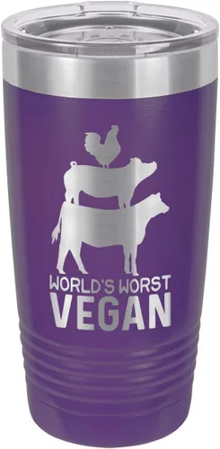 Vista 19 de Taza de viaje con pajita grabada a láser con citas de barbacoa, de la marca World's Worst Vegan, de 20 onzas, para comparar con Yeti Rambler