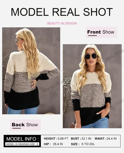 Vista 2 de Dokotoo - Suéteres de bloque de color para mujer, suéter de manga larga con cuello redondo, suéter sin botones.