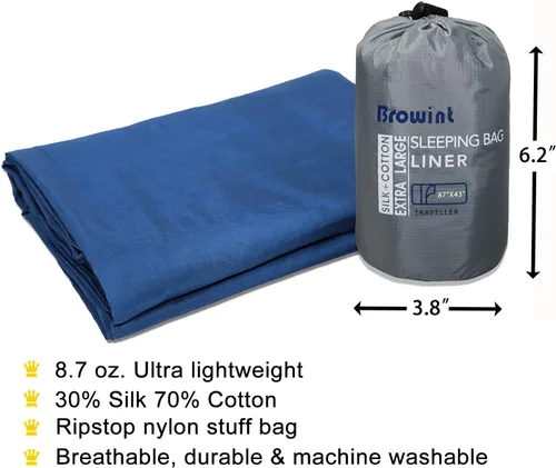 Vista 5 de Browint Sábana de viaje de seda/algodón con cremalleras dobles, saco de dormir extra ancho de 87 x 43 pulgadas para hoteles, forro de saco de dormir
