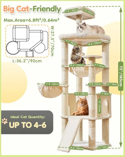 Vista 7 de Taoqimiao Árbol para gatos de 72 pulgadas para gatos grandes, torre alta de varios niveles, condominio ampliado para gatos con tabla de rascar