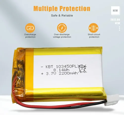 Vista 4 de Batería de polímero de litio KBT 3.7V 2200mAh: 103450 baterías de repuesto de iones de litio recargables Lipo con conector JST PH 2.54, conector