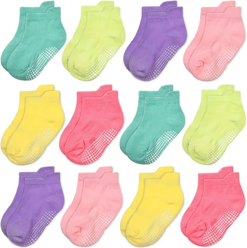 Vista 8 de GRPSKCOS - Calcetines antideslizantes para niños pequeños de 12 pares, calcetines antideslizantes para tobillos para niñas y niños, calcetines