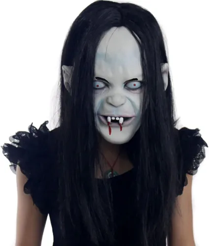 Vista 7 de LUOEM Halloween terror Grimace fantasma máscara larga peluca de pelo Grudge Sadako fantasma espeluznante disfraz máscara para Halloween fiesta