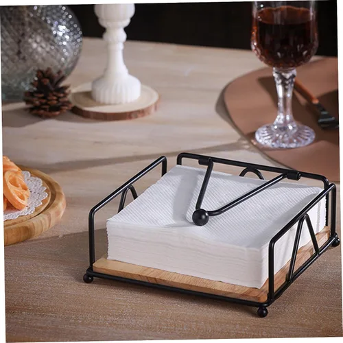 Vista 3 de Metal Napkin Holder with Weighted Tension Arm & Wooden Base, Rustic Dispenser for Table & Kitchen, Black