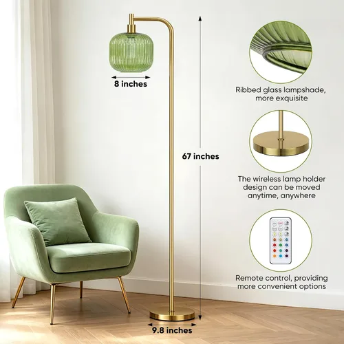 Vista 4 de Lámpara de pie inalámbrica para sala de estar, lámpara de pie con batería Oro cepillado y verde (Mando a distancia)