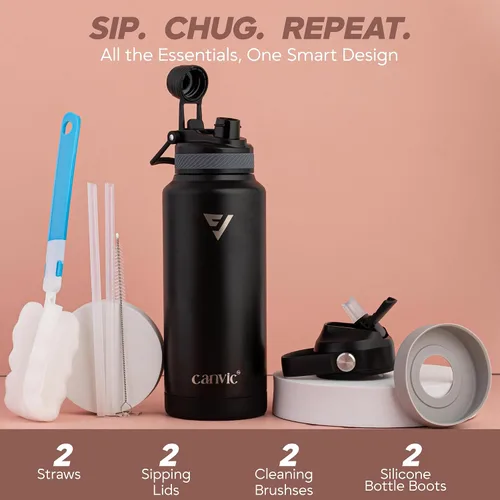 Vista 2 de Canvic DualSip - Botella de agua de acero inoxidable aislada al vacío de 32 onzas, 2 tapas a prueba de fugas (pajilla y pico), boca ancha, sin BPA