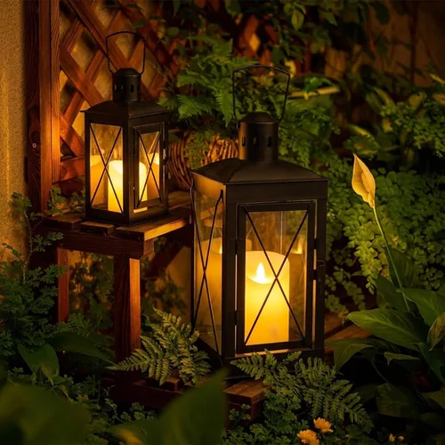 Vista 3 de TRIROCKS Juego de 2 faroles portavelas decorativos de metal de 12 y 8 pulgadas de alto, farol colgante perfecto para decoración del hogar, patio