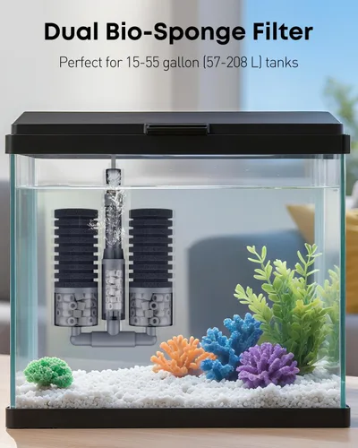 Vista 2 de Pawfly Filtro de esponja para acuario, filtro de tanque de peces, filtro sumergible para acuario pequeño con doble espuma y anillos de cerámica