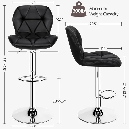 Vista 3 de Yaheetech Juego de 2 taburetes de bar, modernas sillas ajustables para isla de cocina, taburetes giratorios de piel sintética negra para bar, Negro