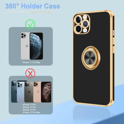 Vista 6 de Fingic Funda para iPhone 11 Pro Max, funda para iPhone 11 Pro Max con soporte de anillo, soporte de anillo giratorio de 360°, soporte magnético