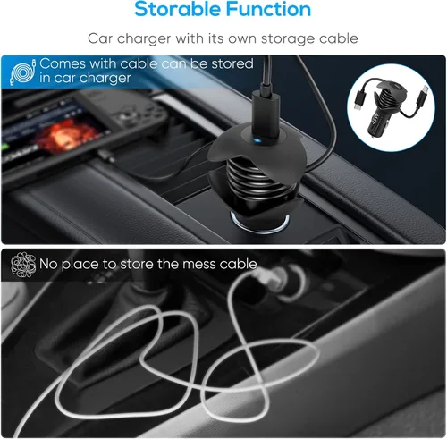 Vista 5 de MENEEA - Cargador rápido de coche para cubierta de vapor con dispositivo de cable de bobina mini cargador PD 30 de 45 W con cable de carga USB C