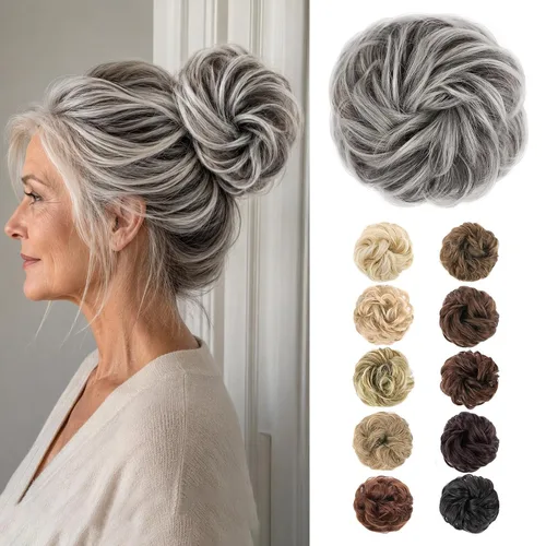 Vista 31 de MORICA Moño desordenado, extensiones de moño sintético para mujeres (rubio beige ceniza)