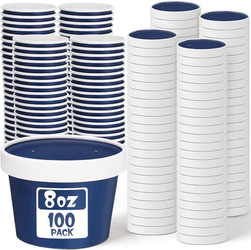 Vista 17 de Fulmoon Paquete de 100 recipientes de papel para sopa con tapas, recipientes de papel desechables para alimentos con tapa ventilada, tazas de postre