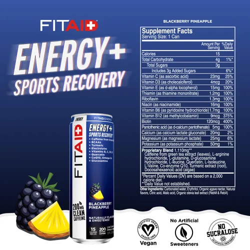 Vista 2 de Bebida FITAID ENERGY, 0.007 onzas de cafeína natural, keto, piña y mora, omega-3, 15 calorías, paleo, vegana y sin gluten, sin edulcorantes