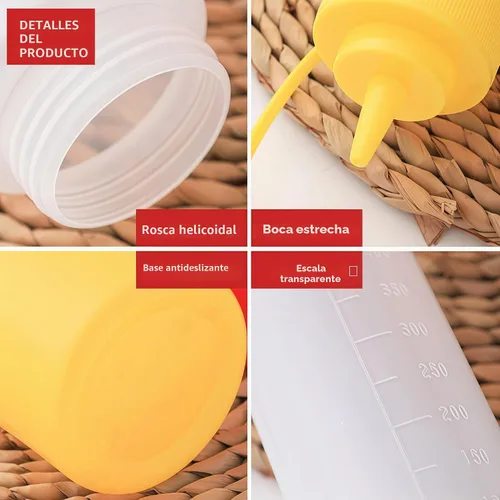Vista 4 de 3 botellas de plástico rellenables para condimentos de salsa exprimible vacía de 12 onzas, contenedor de almacenamiento de aderezos de ensalada