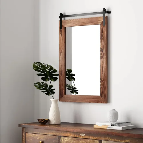 Vista 23 de COGOOD Espejo de puerta de granero de granja, 25 x 18 pulgadas, espejo decrativo con marco de madera rústica para baño, sala de estar, decoración
