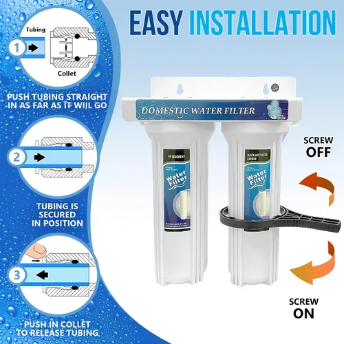 Vista 4 de Sistema de filtración de agua potable de 2 etapas debajo del fregadero, grifo cromado sin plomo que elimina el cloro y el suministro anual (2 extra)
