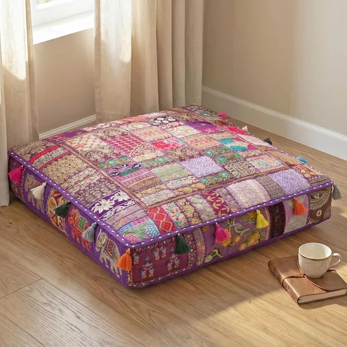 Vista 8 de THE ART BOX Almohadas de Suelo y Fundas de Cojín de Retazos de Algodón Vintage Boho Bordadas, Puf para Perros, Puf de Asiento, Almohada
