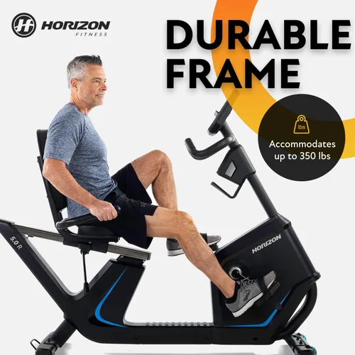 Vista 5 de Bicicleta reclinada Horizon Fitness 5.0R, para fitness y cardio, bicicleta de ciclismo con resistencia magnética y Bluetooth, asiento cómodo