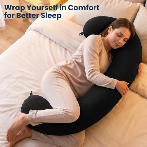 Vista 7 de TranquilRelax Almohada corporal en forma de C para dormir de lado, almohada larga de espuma viscoelástica para piernas, cadera y espalda, funda Negro
