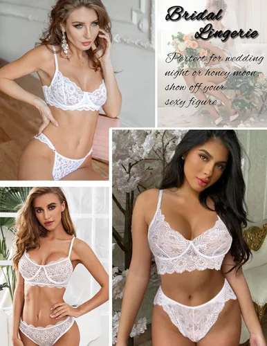 Vista 2 de ADOME Conjunto de lencería de encaje para mujer con sujetador y bragas con tirantes, body babydoll, tallas S-XXL