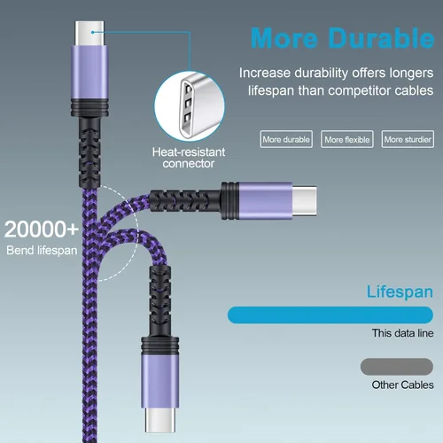 Vista 3 de Cable de carga USB C, cable de alimentación para teléfono Android, paquete de 3 unidades, trenzado USB A a tipo C, cable de carga rápida