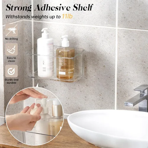 Vista 3 de PAVSTINE Paquete de 2 estantes de ducha transparentes, estantes adhesivos para ducha de baño, organizador de ducha de baño montado en la pared