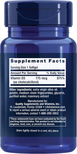 Vista 2 de Life Extension Vitamina D3 175 mcg (7000 UI), Apoyo al Sistema Inmunológico, Salud Ósea, Rendimiento Cerebral, Sin Gluten, No OGM, Una Vez al Día