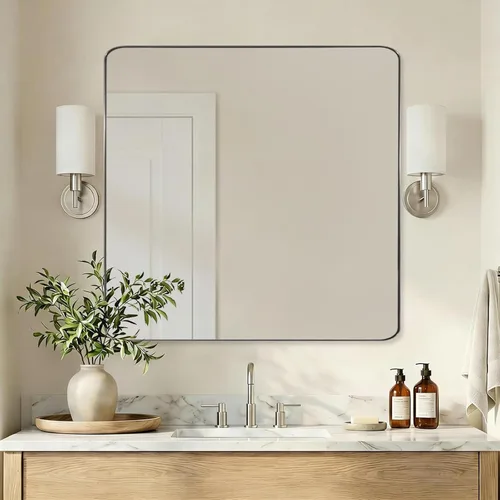 Vista 56 de ANDY STAR Espejo de pared cuadrado para baño, espejo de baño negro mate de 24 x 24 pulgadas, espejo de metal de esquina redondeada en marco de acero