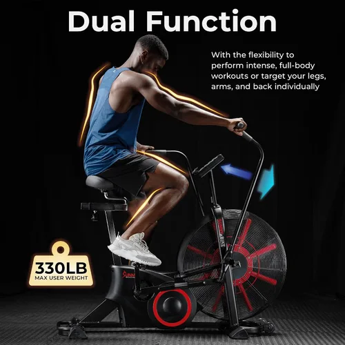 Vista 2 de Sunny Health & Fitness Smart Fan Bike for Home Gym, Full Body HIIT & Interval Cardio Training with Air Resistance, Customizable Performance Monitor