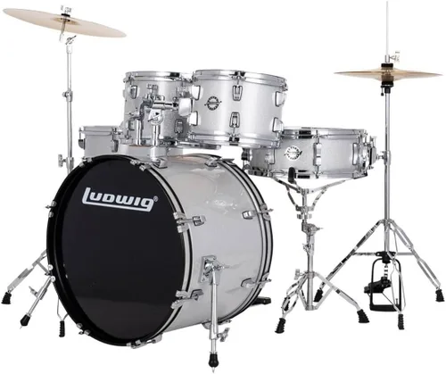 Vista 2 de Ludwig Accent - Juego completo de batería de 5 piezas, bombo y platillos de 20 pulgadas, brillo plateado