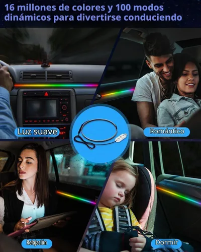 Vista 8 de Luces LED acrílicas para coche, tira de luz interior RGB de 43.3 pulgadas
