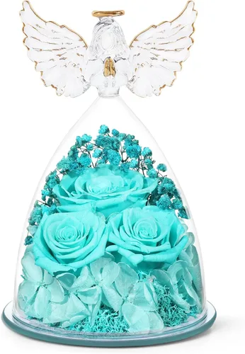 Vista 8 de Regalos de rosas preservadas para mujeres, flores frescas eternas en cristal con figuras de ángel para entrega, rosas moradas para abuela, mamá