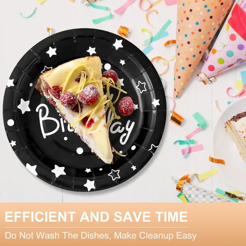 Vista 4 de Platos de papel de fiesta de feliz cumpleaños, platos de postre negros, 7 pulgadas, 50 unidades, lunares de aluminio para decoraciones de fiesta