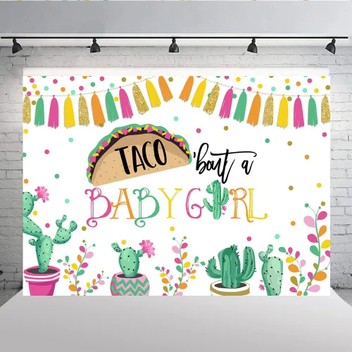 Vista 4 de Lofaris Taco Bout a Baby Girl - Telón de fondo para fiesta mexicana, decoración de baby shower, cactus neutro, sombrero de vaquero, banderas