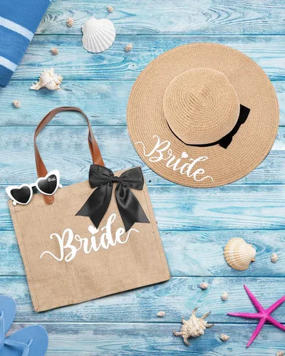 Vista 7 de Percozzi Wifey Bride Tote Bag Sun Hat Glasses Set Bride-To-Be Shower Gift Honeymoon Jute Bag Kit