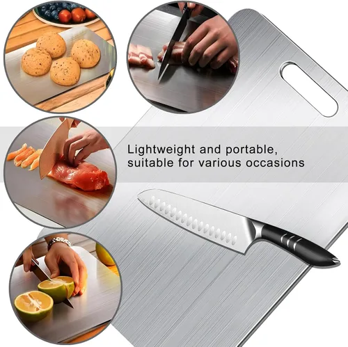 Vista 5 de Tabla de cortar de titanio para cocina, juego de tablas de cortar de acero inoxidable 304 para frutas, carne y verduras (12 x 8 pulgadas)