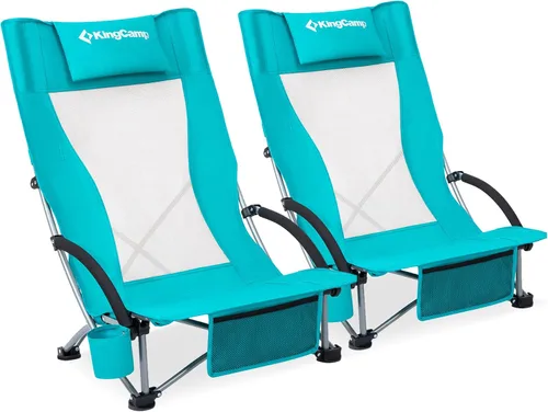 Vista 12 de KingCamp Paquete de 2 sillas de playa ligeras y plegables con respaldo alto con soporte para tazas, bolsa de almohada para acampar al aire libre