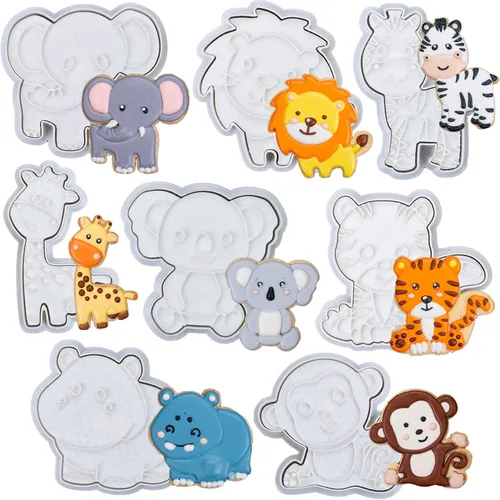 Vista 15 de Juego de 8 cortadores de galletas de animales con mango de sello 3D, diseño de selva para cocina, formas de pastel de ácido poliláctico