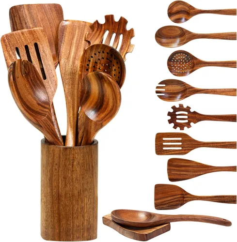 Vista 7 de 5 piezas de espátulas de madera para cocinar, juego de utensilios de madera de teca natural, utensilio de cocina de madera no tóxico, cucharas