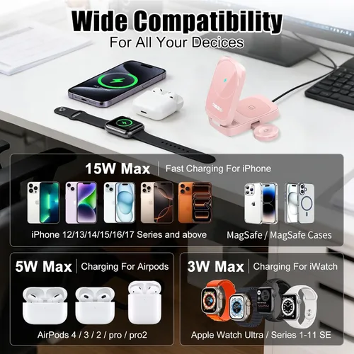 Vista 2 de Estación de carga inalámbrica MagSafe 3 en 1, cargador rápido magnético de 15 W para iPhone serie 17/16/15/14/13/12, Apple Watch y AirPods, soporte