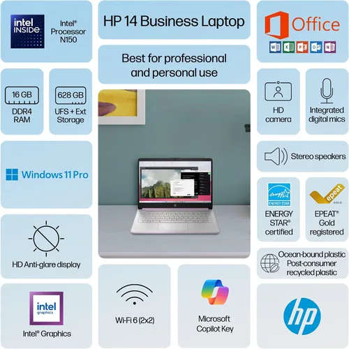 Vista 3 de HP Ultrabook 14 Laptop de Computadora de Negocios para Estudio y Hogar 2025, MS Office de por Vida + Windows 11 Pro, CPU Intel Quad-Core, 16 GB RAM