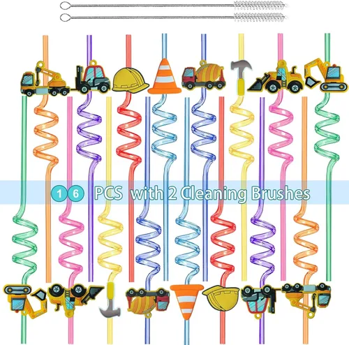 Vista 5 de Suministros reutilizables para fiesta de cumpleaños con tema de construcción - 16 piezas de pajitas de plástico para beber con temática