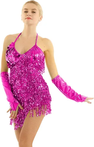 Vista 2 de YiZYiF Vestido de baile con cuello halter latino, salsa de tango, bailes y lentejuelas
