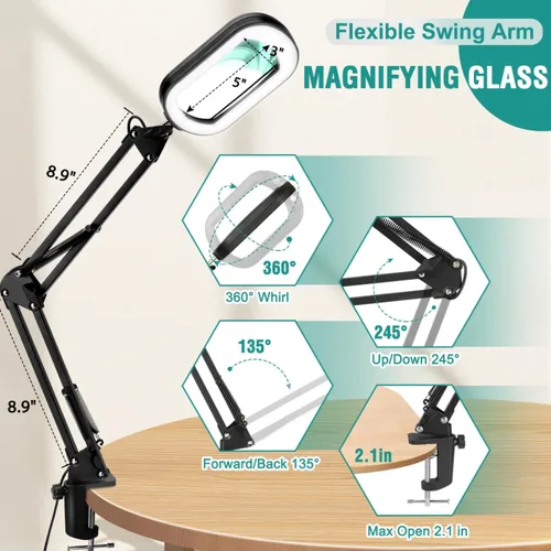 Vista 6 de IVMAIE Lupa rectangular 10X con luz, 5 modos de color, lupa regulable sin escalones con soporte, lámpara de escritorio con abrazadera iluminada LED