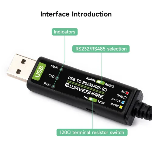 Vista 6 de Wavesahre - Cable USB a serie RS232/485, chip FT232RNL original, compatible con Mac, Linux, Android, Win11/10/8.1/8/7, indicadores de alimentación