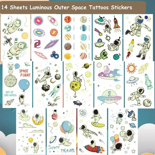 Vista 2 de CHARLENT Tatuajes luminosos del espacio exterior para niños, 14 hojas que brillan en la oscuridad, astronauta, planeta, tatuajes temporales