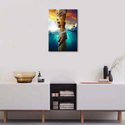 Vista 3 de Lienzo decorativo con texto en inglés «The Hand Of Gods» (La mano de Dios), arte de pared grande con diseño de Jesús, arte de pared grande envuelto