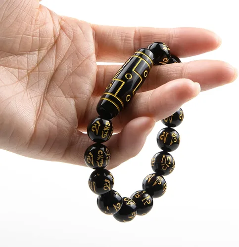 Vista 6 de Fardtry Obsidian Sánscrito Feng Shui Pulsera negra Lucky Fortune con caja de regalo premium negro